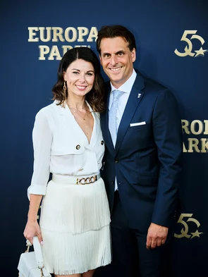Katja and Thomas Mack on the blue carpet at Europa-Park's 50th anniversary gala.