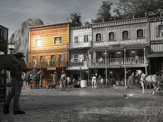 Europa-Park Kinderhaus Kleine Helden Die Silver Lake City als schwarz-weiß 3D-Skizze, das "Europa-Park Kinderhaus Kleine Helden" wird durch Farbe hervorgehoben.
