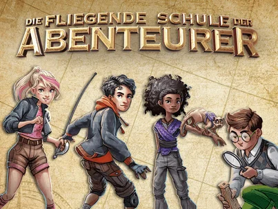 The four friends from the book series ‘The Flying School of Adventurers’ side by side.