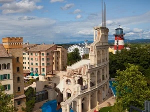 View of the two themed 4* superior hotels ‘Colosseo’ and ‘Bell Rock’ at the Europa-Park Resort.