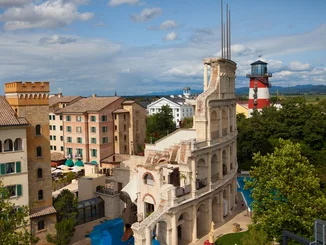 View of the two themed 4* superior hotels ‘Colosseo’ and ‘Bell Rock’ at the Europa-Park Resort.