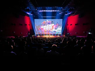 Huge, packed cinema auditorium at the film premiere of GRAND PRIX OF EUROPE.
