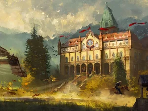 Artwork of an old estate, on the left you can see an antique aircraft gliding through the air.