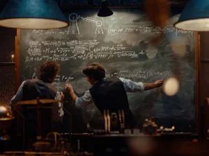 Scène du spot publicitaire de Voltron Nevera powered by Rimac : Nikola Tesla et son partenaire écrivent des formules complexes sur un tableau.