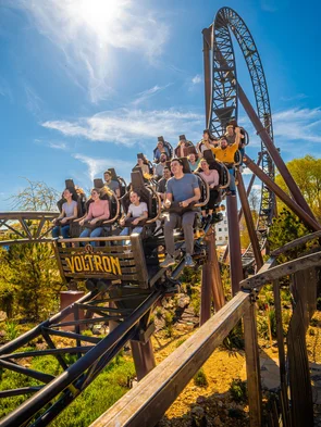 Guests riding the rollercoaster Voltron Nevera powered by Rimac at Europa-Park.