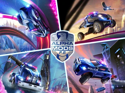 Collage de quatre voitures de police futuristes d’Alpha Mods P.D.