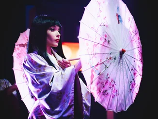A dancer from the Europa-Park Dinner-Show wearing a striking costume and carrying an umbrella.