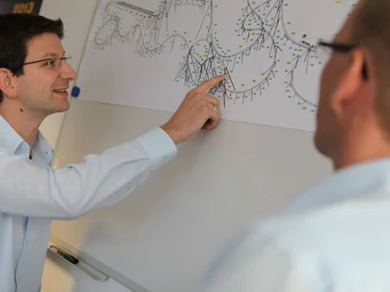 Deux collaborateurs de MACK Rides devant un tableau blanc, sur lequel figure les ébauches d'un nouveau grand huit.