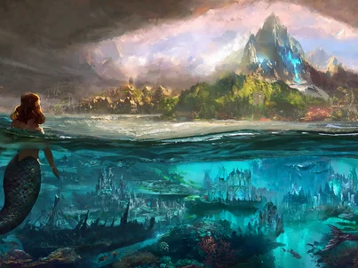The fictional island of Rulantica is observed from afar by a mermaid.