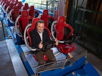 Michael Mack embarks on a test ride on blue fire Megacoaster at Europa-Park.