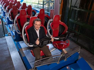 Michael Mack embarks on a test ride on blue fire Megacoaster at Europa-Park.
