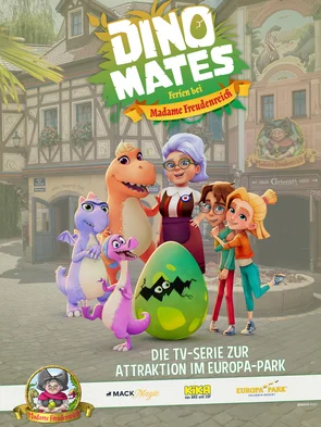 Official key visual for the children's series DINO MATES – Holidays with Madame Freudenreich on KiKA.