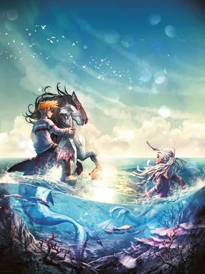 The two main characters of the book series ‘Rulantica Saga’, Aquina and Mats, are swimming in the sea.