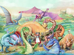 Artwork: Madame Freudenreich, her grandchildren and, next to them, lots of different dinosaurs.