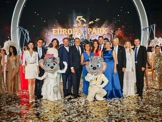 The Mack family with Ed and Edda on the big stage at the gala celebrating Europa-Park's 50th anniversary.