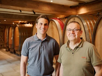 Thomas Mack and Mathieu Kauffmann in the wine cellar of Château Ollwiller.