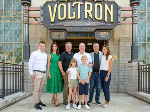 From left to right: Frederik Mack, Miriam Mack, Michael Mack, Prince Albert of Monaco with his two children, Roland Mack and Ann-Kathrin Mack in front of the attraction Voltron Nevera powered by Rimac at Europa-Park.