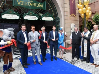 Michael Mack, Roland Mack, Jürgen Mack and Thomas Mack at the opening of the attraction Voletarium at Europa-Park.