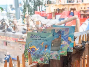 Snorri's children's book series: Four lovingly designed books are lined up in the Rulantica water world.
