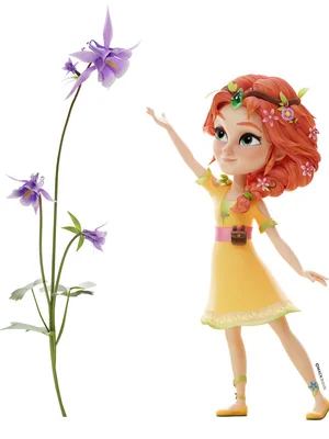 La jeune Fina tend la main vers une fleur géante à côté d'elle.