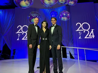 Oliver Altherr, Katja Mack and Thomas Mack at the ceremony for the coveted 2024 TEA Thea Awards in Los Angeles, which the fine dining experience Eatrenalin won.