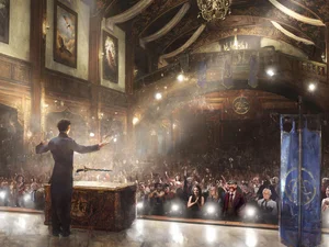 Artwork: A man stands on a stage and gives a speech in front of a large crowd.