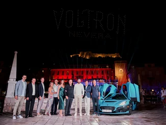 The Mack family with Mate Rimac at the naming ceremony for Voltron Nevera powered by Rimac in Croatia.