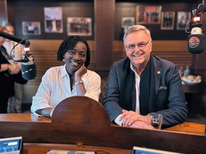 Dr Auma Obama and Roland Mack sit together during the podcast recording in ‘Studio78’ at Europa-Park.