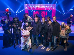 Michael Mack, Thomas Mack, Katja Mack, Ann-Kathrin Mack and Nicolas Mack, together with scary performers at Traumatica.