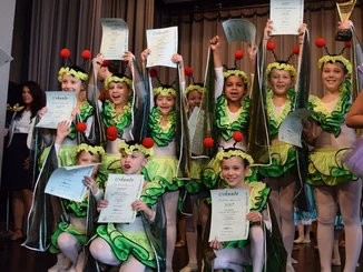 Prix de la Coupe du monde de danse Un groupe de jeunes danseuses de la TALENT ACADEMY Europa-Park, déguisées en chenilles, avec le prix gagné à la Dance World Cup 2017.