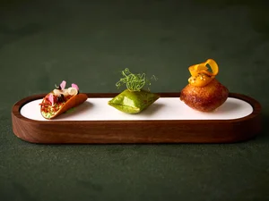 Elegant, bite-sized appetisers served on an oblong platter at the Ammolite – House of Light restaurant in the ‘Bell Rock’ themed hotel.