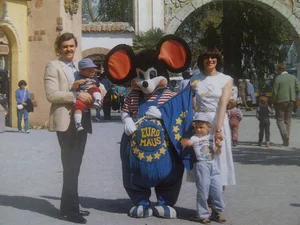 A group photo of Roland and Marianne Mack with Euromaus and the Macks' children, Thomas and Michael, when they were young.