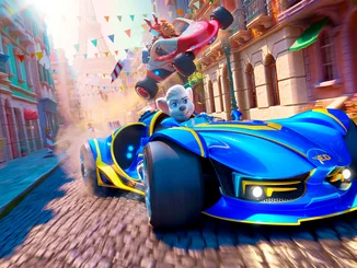 Scene from the film GRAND PRIX OF EUROPE: Ed drives his racing car through the streets of Paris.