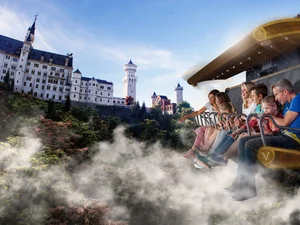 Scene from the Voletarium attraction at Europa-Park with a flight over Neuschwanstein Castle.
