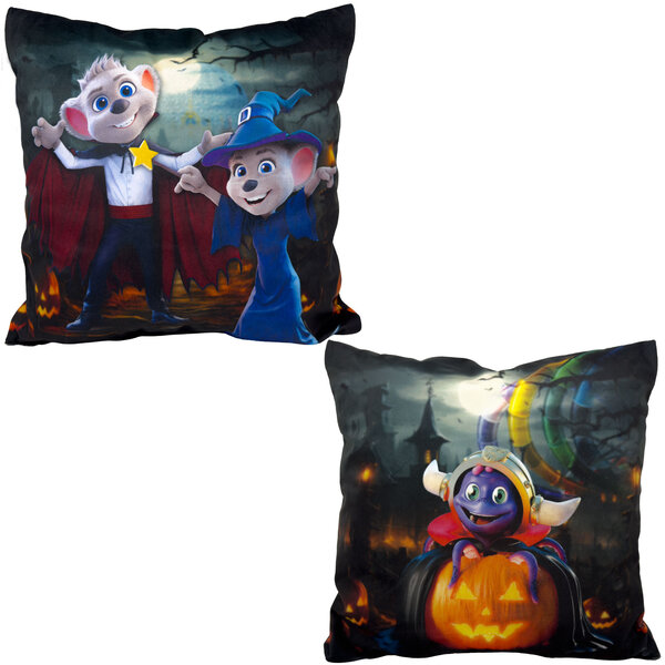 Coussins d’Halloween Ed Vampire Edda Sorcière et Snorri Citrouille