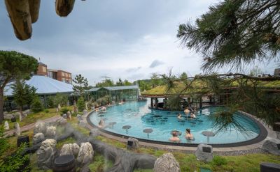 Visitors to the Rulantica water world splash about in the new Svømmepøl outdoor pool.