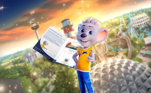 Ed Euromaus and a voucher ticket for Europa-Park. You can see Europa-Park in the background.