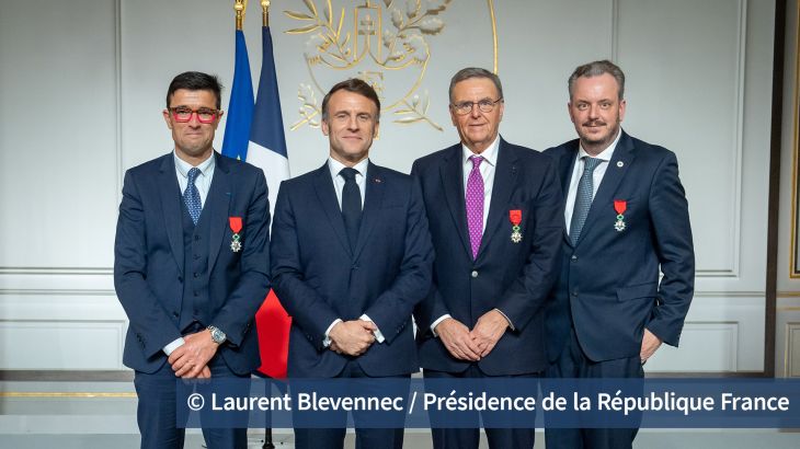 Rodolphe Delord, CEO of ZooParc de Beauval, Emmanuel Macron, Roland Mack, Michael Mack