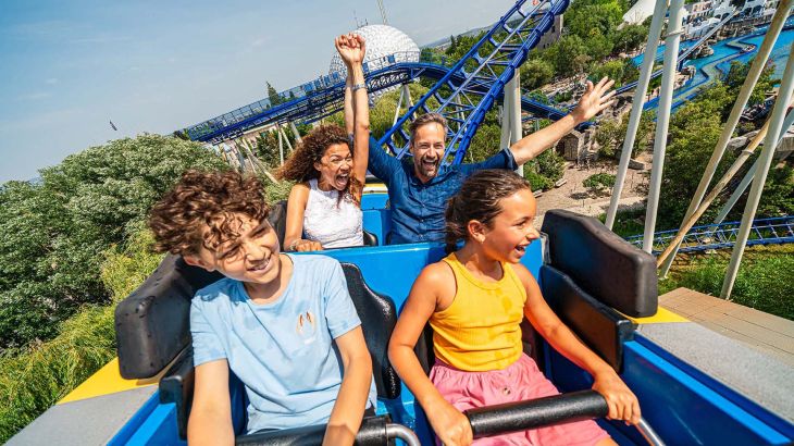 A family at the Poseidon water attraction in the Greek themed area of Europa-Park.