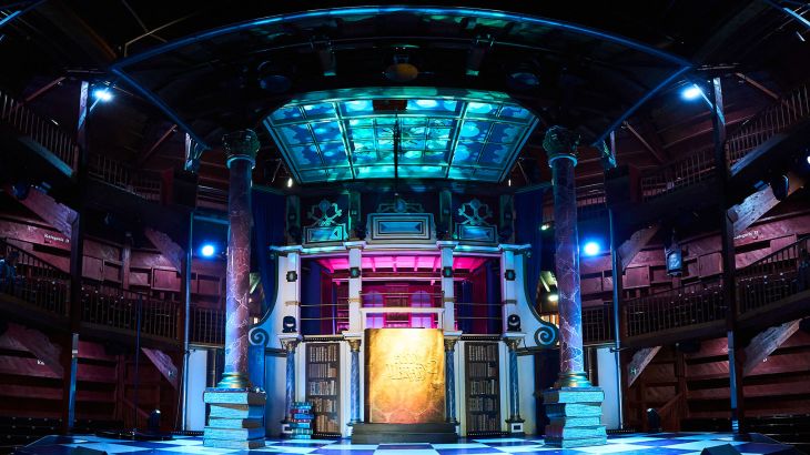 Interior view of the Globe Theater at Europa-Park, a replica of the famous Globe Theater in London from the Elizabethan era.
