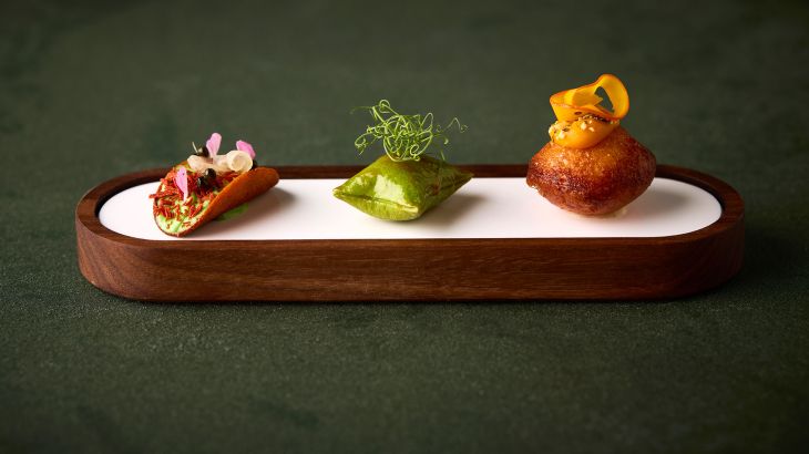 Edle, mundgerechte Appetithäppchen auf einer länglichen Servierplatte im Restaurant Ammolite – House of Light im Erlebnishotel "Bell Rock".