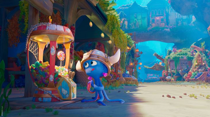 Der kleine Sixtopus Snorri steht vor einem Süßigkeiten-Automaten und begehrt einen riesigen Lolli im neuen 4D-Kurzfim "SNORRI 4D - Catch Me If You Candy" im Magic Cinema 4D im Europa-Park.