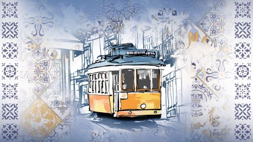 Artwork d’un tramway portugais classique en jaune, entouré de carreaux portugais. Visuel de la soirée portugaise à Europa-Park Resort - l’événement d’entreprise parfait.