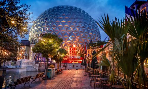 The French themed area at Europa-Park, bathed in atmospheric evening lighting.